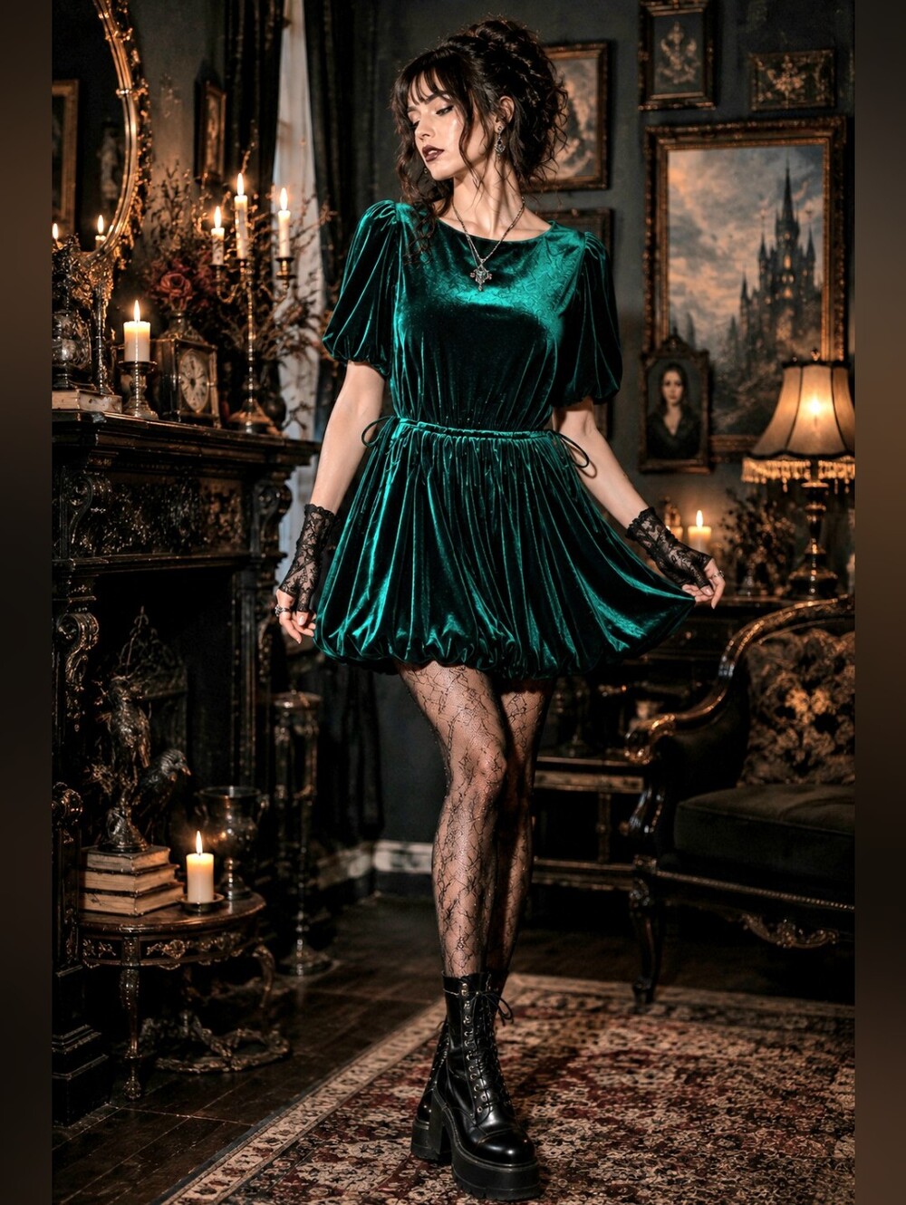 🖤 Antonio Melani Size 12 Emerald Velvet Bubble Mini Dress | Witchy Goth
